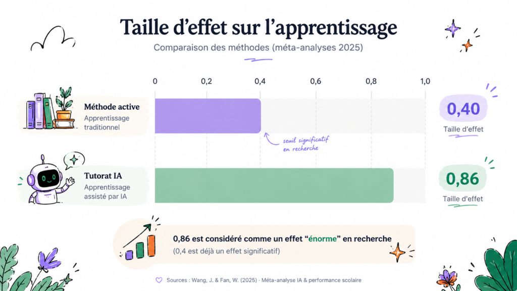 IA : Infographie montrant que le tutorat assisté par intelligence artificielle améliore davantage l’apprentissage que les méthodes traditionnelles selon les études scientifiques.